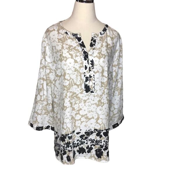 Orvis-XL(18-20) 100% Linen Floral Print Tunic-Tab Sleeve Hi-Low Hem - Picture 1 of 13